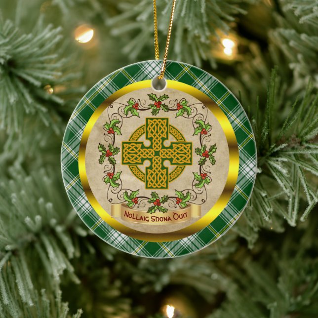 Irish St Patrick Tartan & Celtic Cross Christmas Ceramic Ornament (Tree)