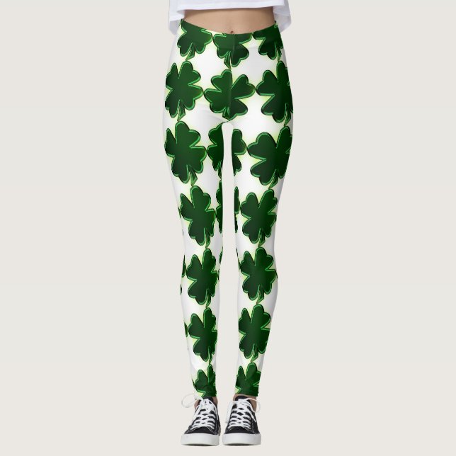 Irish St. Patricks Day Four Leaf Clovers Leggings (Front)