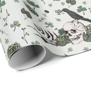 Irish St. Patricks Day Skulls and Clovers Floral Wrapping Paper