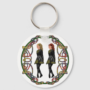 Irish Step Dancers in Celtic Knotwork Surround Key Ring