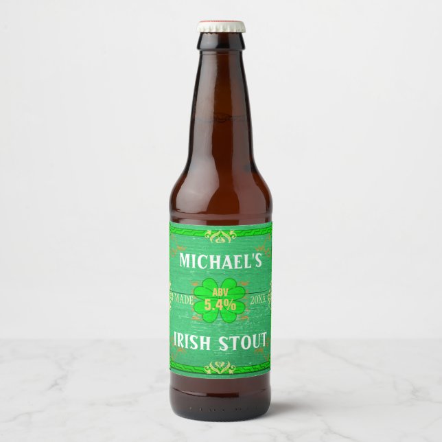 Irish Stout Rustic Green Wood Craft Homebrewing Beer Bottle Label (Front)