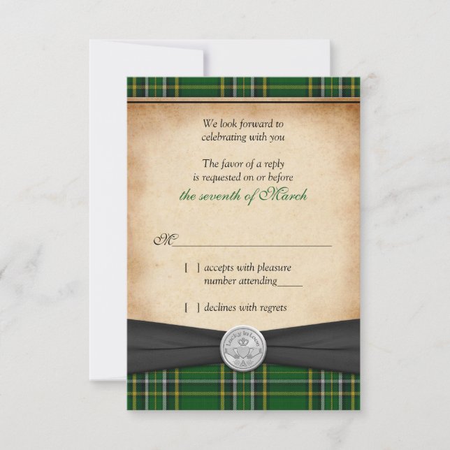 Irish Tartan Celtic Claddagh Lucky Wedding RSVP (Front)