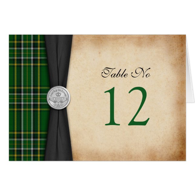 Irish Tartan Celtic Claddagh Wedding Table Card (Front Horizontal)