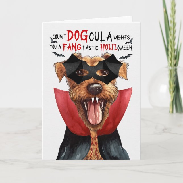 Irish Terrier Dog Funny Count DOGcula Halloween Holiday Card (Front)