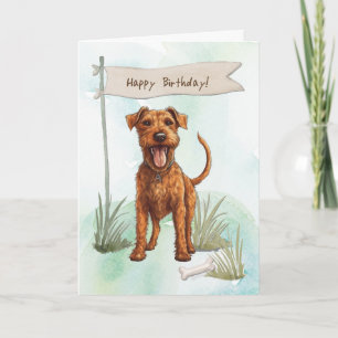 Irish Terrier Dog Outdoors Under Birthday Sign Card