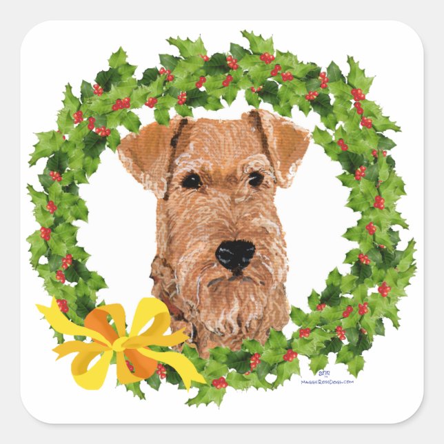 Irish Terrier Holly Wreath Square Sticker (Front)