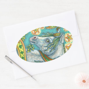 IRISH UNICORN, ST. PATRICK'S DAY FANTASY HORSE OVAL STICKER