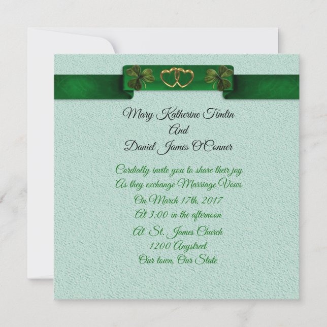 Irish Wedding invitation shamrocks and ribbon (Front)