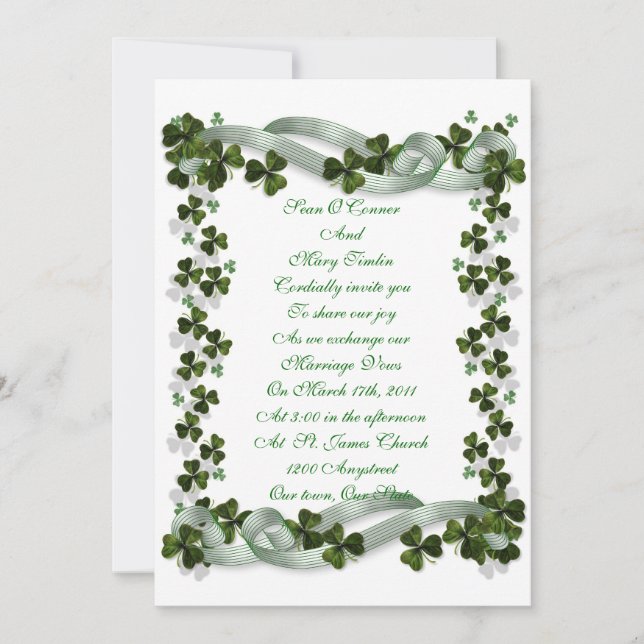 Irish Wedding invitation shamrocks and ribbon (Front)