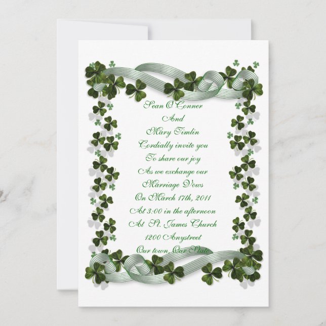 Irish Wedding invitation shamrocks and ribbon (Front)