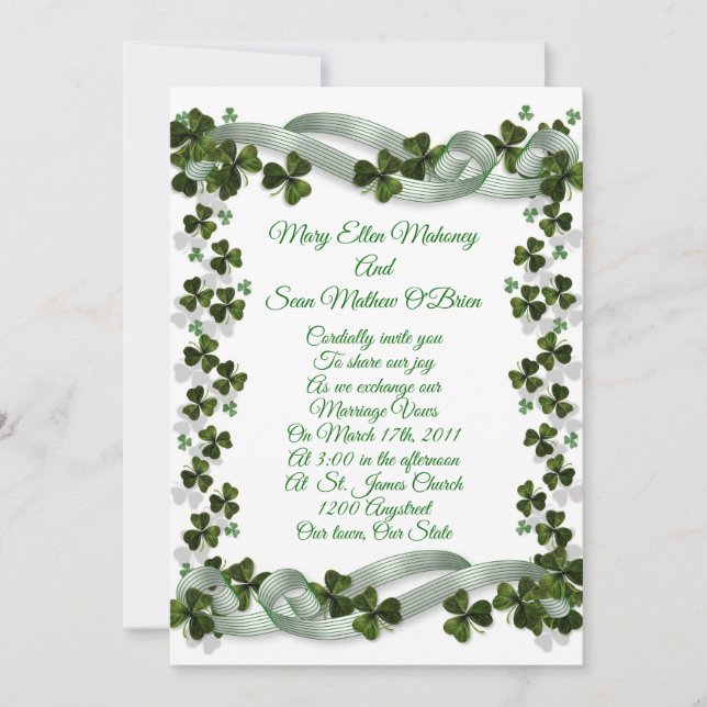 Irish Wedding invitation shamrocks and ribbon (Front)