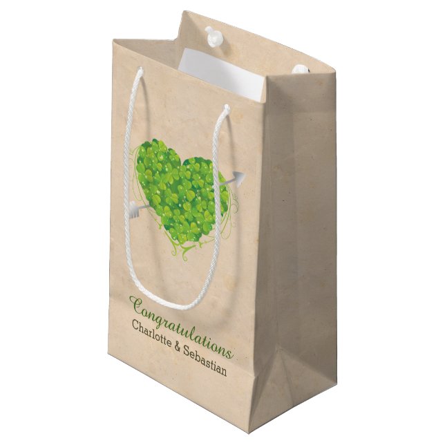 Irish Wedding Shamrock Heart Small Gift Bag (Front Angled)