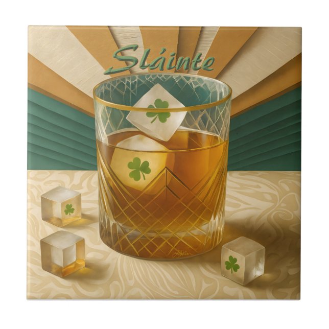 Irish Whiskey Tumbler Shamrock Ice "Sláinte!" Ceramic Tile (Front)