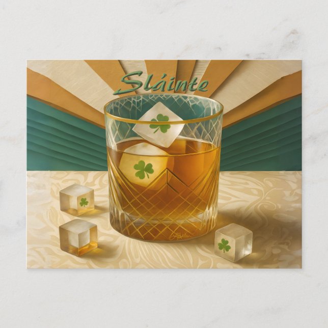 Irish Whiskey Tumbler Shamrock Ice "Sláinte!" Postcard (Front)