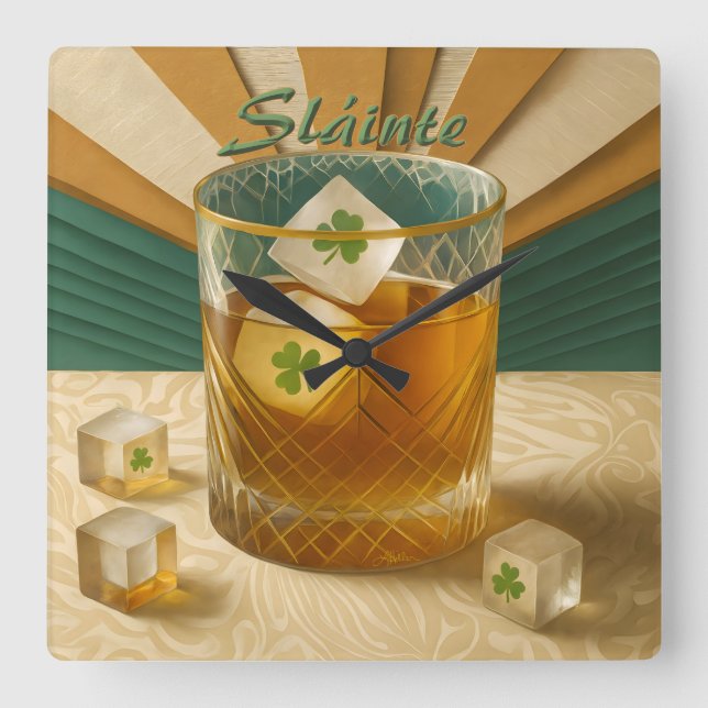 Irish Whiskey Tumbler Shamrock Ice "Sláinte!" Square Wall Clock (Front)