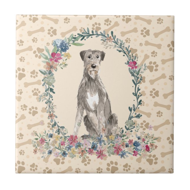 Irish Wolf Hound Dog Paw Print Floral Cute Beige Ceramic Tile (Front)