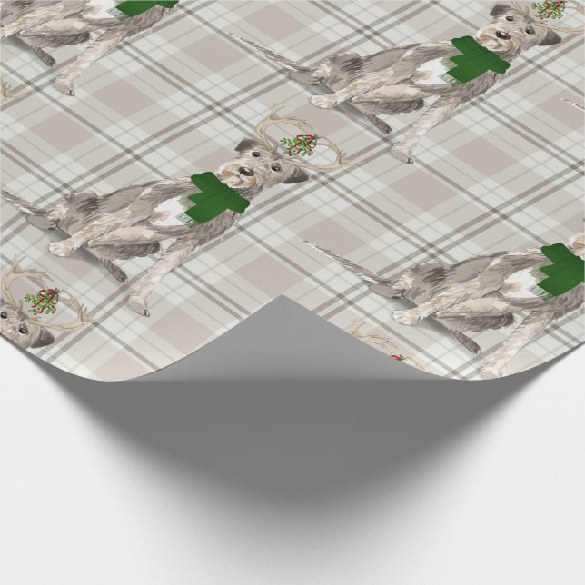 Irish Wolfhound and Taupe Plaid Christmas Wrapping Paper (Corner)
