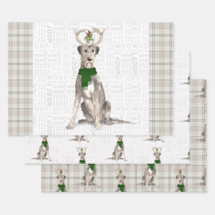 Irish Wolfhound Christmas Dog and Plaid Wrapping Paper Sheet
