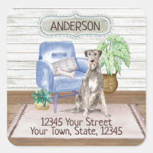 Irish Wolfhound Cosy New Home Address       Square Sticker