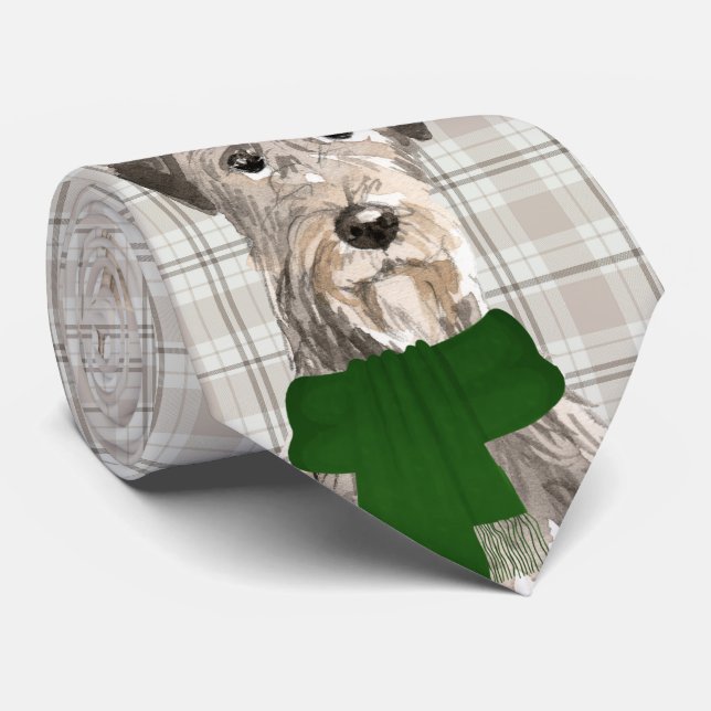 Irish Wolfhound Dog Lover Taupe Plaid Christmas Tie (Rolled)
