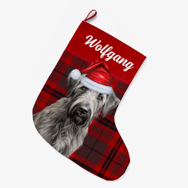 Irish Wolfhound Dog Red Holiday Plaid Personalized Large Christmas Stocking (Front (Hanging))