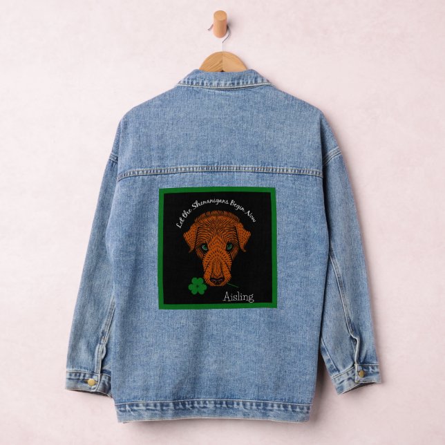 Irish Wolfhound Dog with Shamrock and Your Name Denim Jacket (Hangar)
