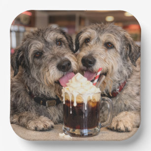 Irish Wolfhound Dogs Enjoying a Root Beer Float Paper Plate