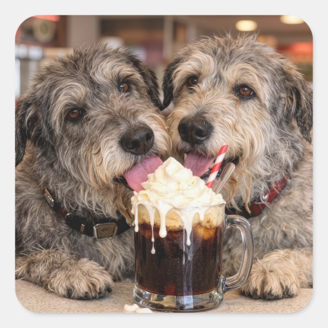 Irish Wolfhound Dogs Enjoying a Root Beer Float Square Sticker (Front)