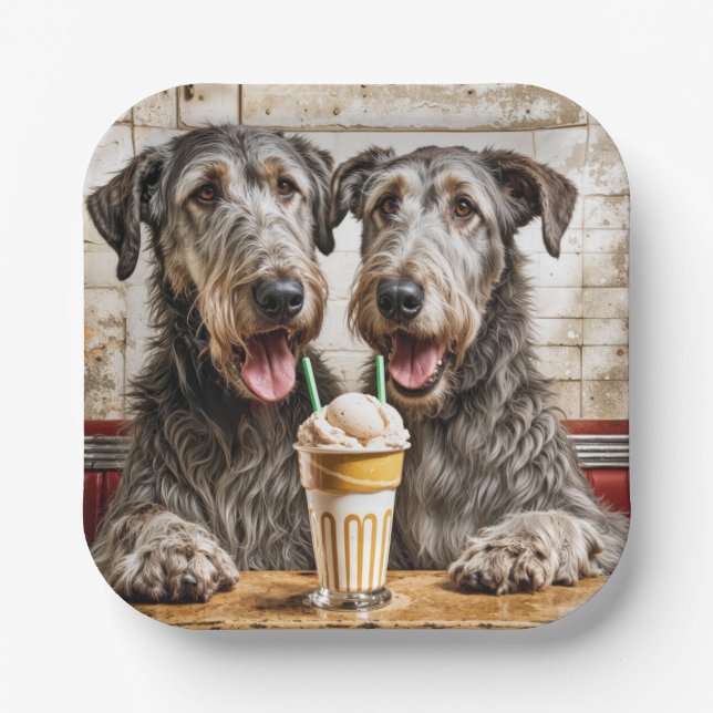 Irish Wolfhound Dogs Sharing a Milkshake Paper Plate (Front)