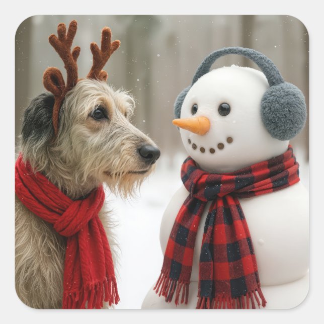 Irish Wolfhound Gazing at a Cute Snowman Square Sticker (Front)