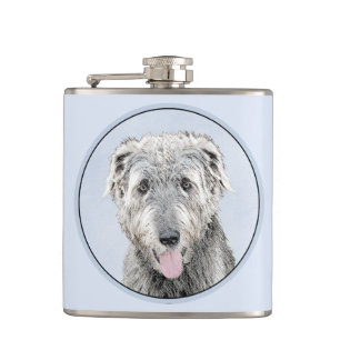 Irish Wolfhound Painting - Cute Original Dog Art Hip Flask