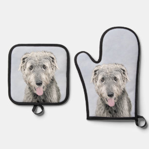 Irish Wolfhound Painting Grey Original Dog Art Oven Mitt & Pot Holder Set