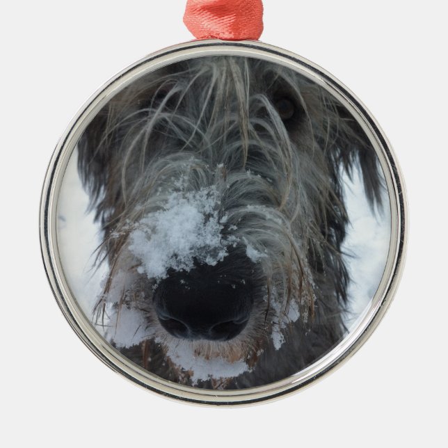 irish wolfhound playing in the snow metal ornament (Front)