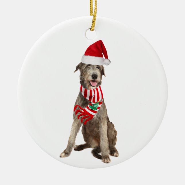 Irish Wolfhound With Hat Scaft Christmas Ceramic Ornament (Front)