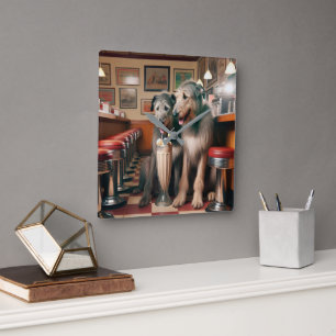 Irish Wolfhounds In Retro Diner Square Wall Clock