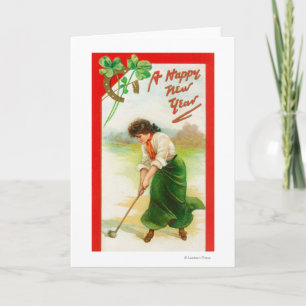 Irish Woman About to Hit Golfball Holiday Card