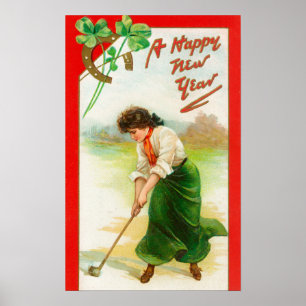 Irish Woman About to Hit Golfball Poster
