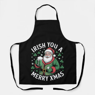 Irish You A Merry Xmas Santa Beer Shamrock Holiday Apron
