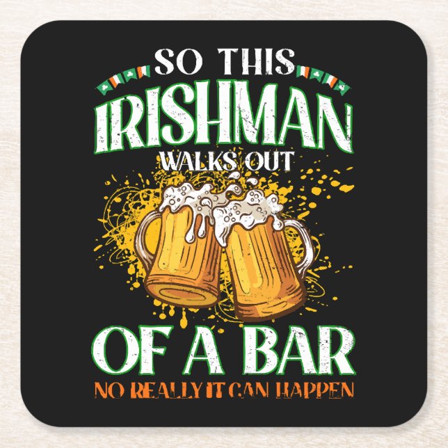 Irishman Drinking Beer St. Patrick's Day Square Paper Coaster (Front)