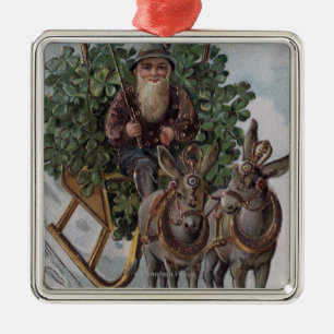 Irishman Driving Sleigh of Shamrocks Metal Ornament