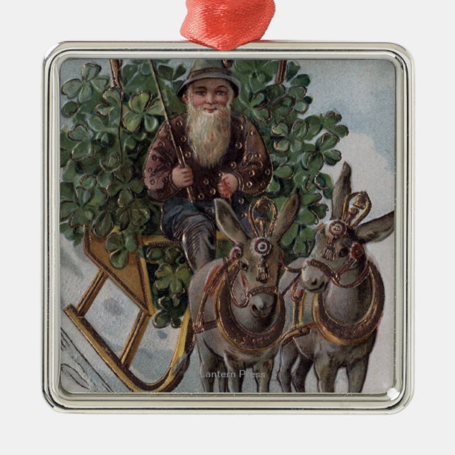 Irishman Driving Sleigh of Shamrocks Metal Ornament (Front)