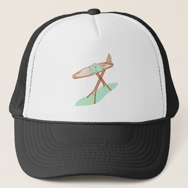 Iron and ironing board household chores trucker hat (Front)