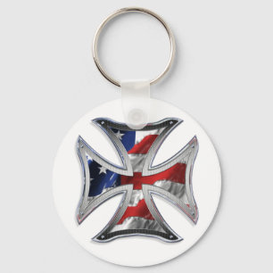 Iron Cross w/ American Flag Key Ring