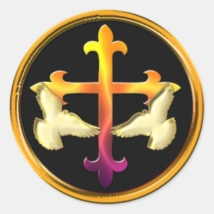 Iron cross with doves on black background classic round sticker