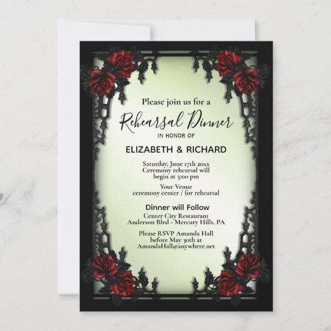 Iron Gothic Red Rose Green Rehearsal Dinner Invitation (Front)