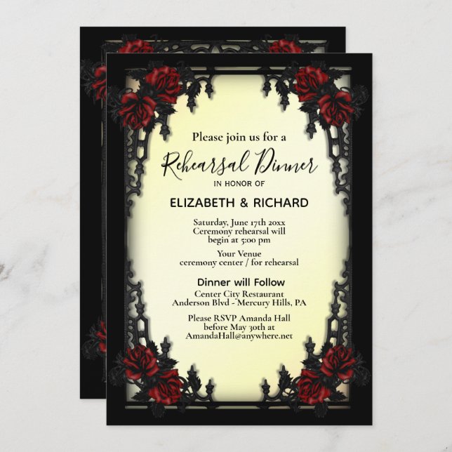 Iron Gothic Red Rose Yellow Rehearsal Dinner Invitation (Front/Back)