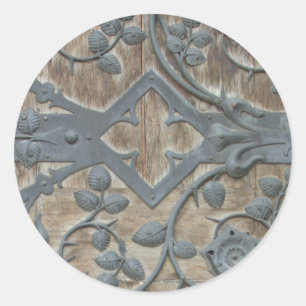Iron Mediaeval Lock on Wooden Door Classic Round Sticker