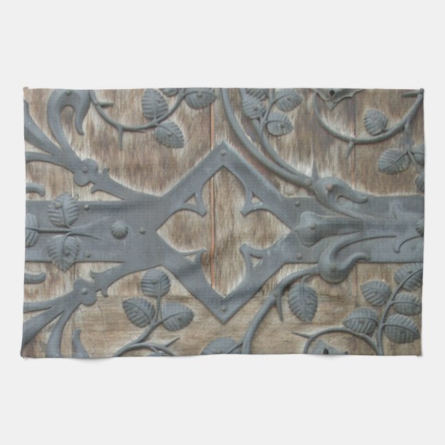 Iron Mediaeval Lock on Wooden Door Tea Towel (Horizontal)
