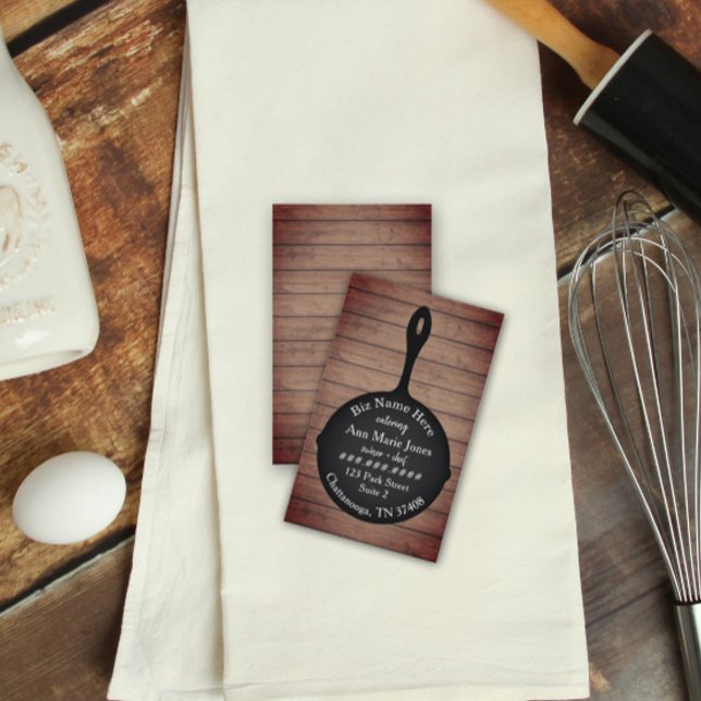 Iron Skillet Rustic Wood Restaurant Caterer Business Card (Creator Uploaded)