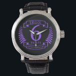 Iron wedding anniversary 6 years watch<br><div class="desc">A design to celebrate 6 years of marriage. This design has a purple (the traditional colour for this occasion) coloured laurel design on a black background. Iron is the traditional gift for this occasion. The text reads Iron 6 years anniversary. A romantic design to celebrate your 6th year of marriage....</div>